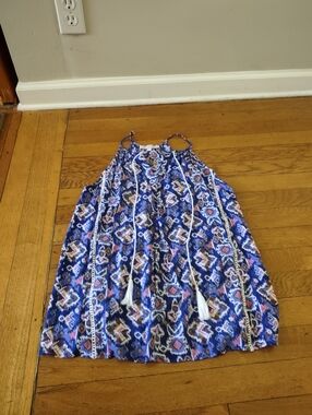 Rose & Thyme Blue Ikat Print Tank Top Tassel Tie Lace Trim Flowy Boho Summer S